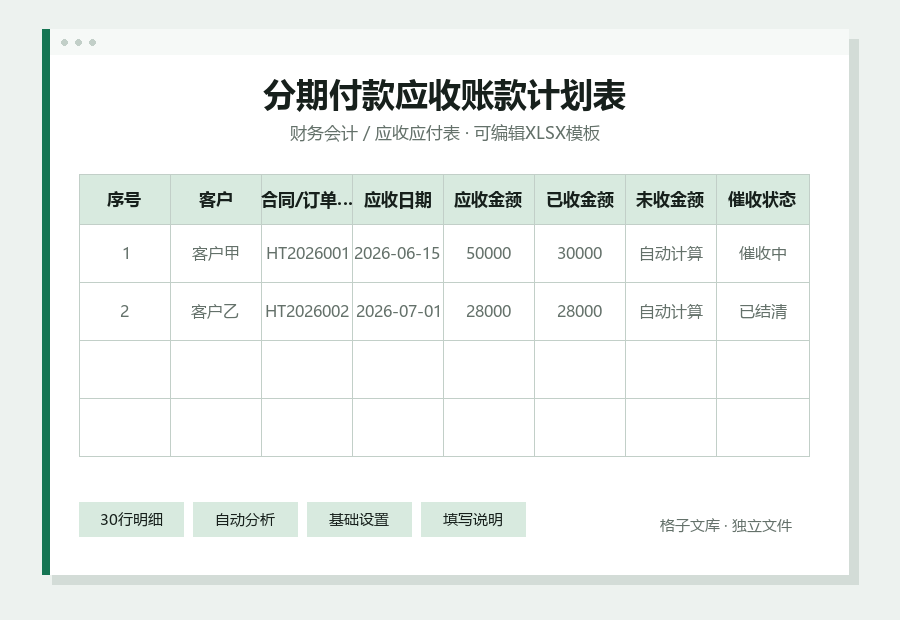 分期付款应收账款计划表Excel表格内容预览