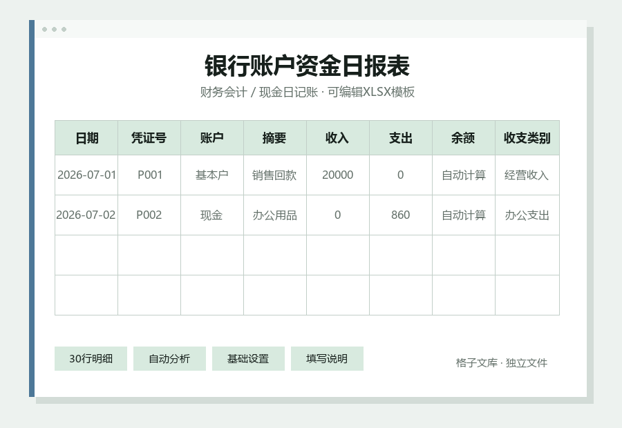 银行账户资金日报表Excel表格内容预览