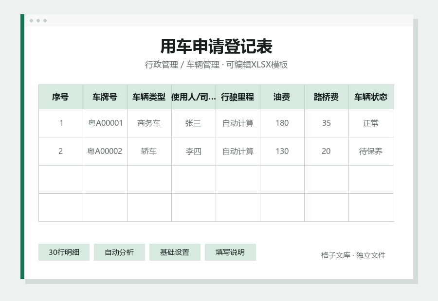 用车申请登记表Excel表格内容缩略图