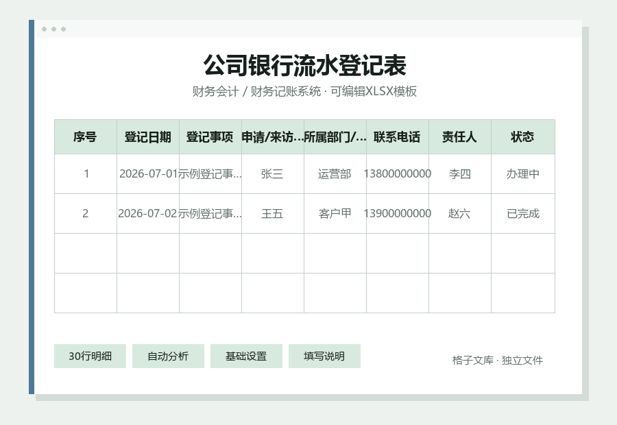 公司银行流水登记表Excel表格内容预览