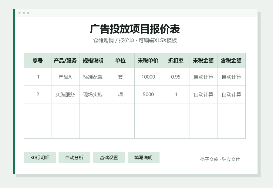 广告投放项目报价表Excel表格内容预览