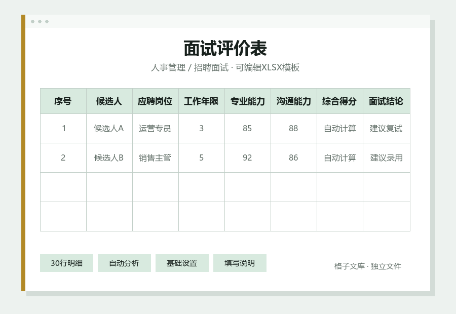 面试评价表Excel表格内容预览