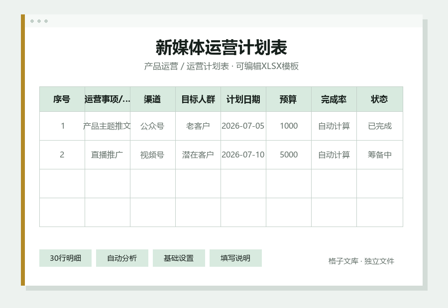 新媒体运营计划表Excel表格内容缩略图