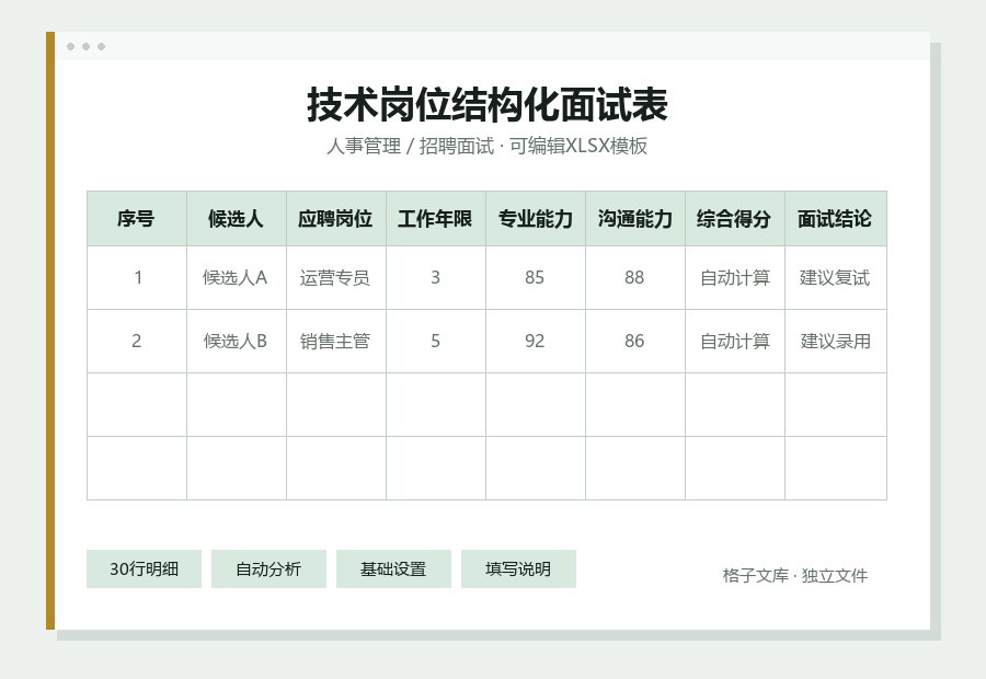 技术岗位结构化面试表Excel表格内容预览