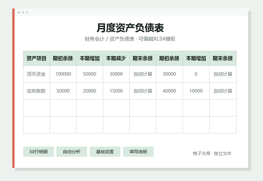 月度资产负债表Excel表格内容缩略图