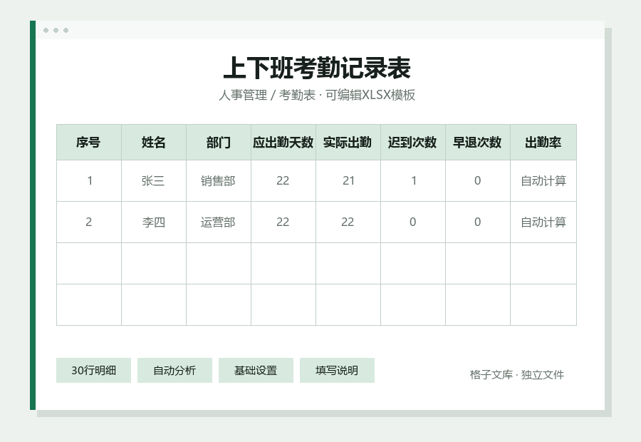 上下班考勤记录表Excel表格内容缩略图