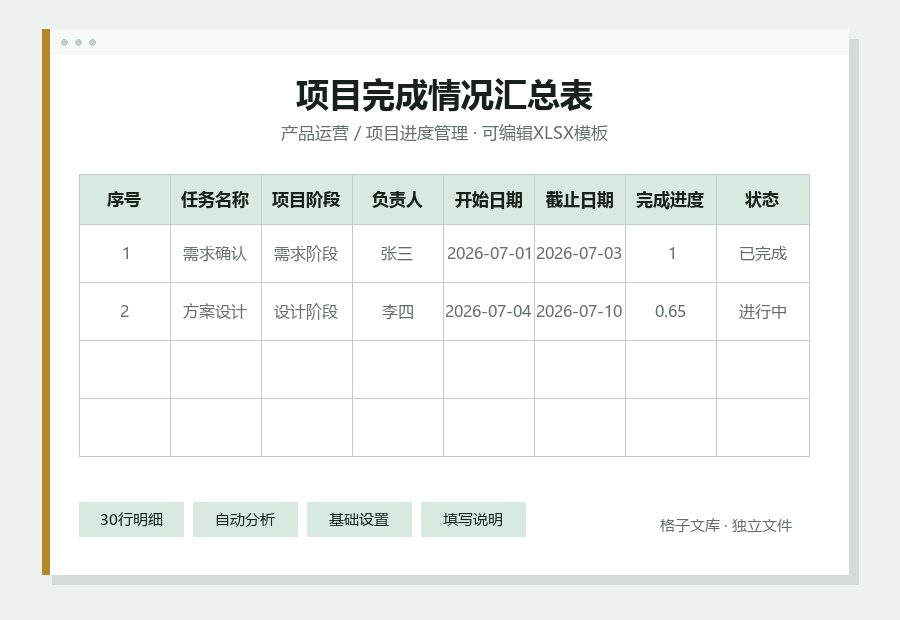 项目完成情况汇总表Excel表格内容缩略图