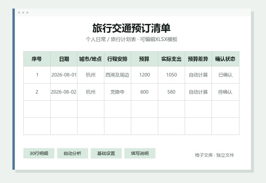旅行交通预订清单Excel表格内容缩略图