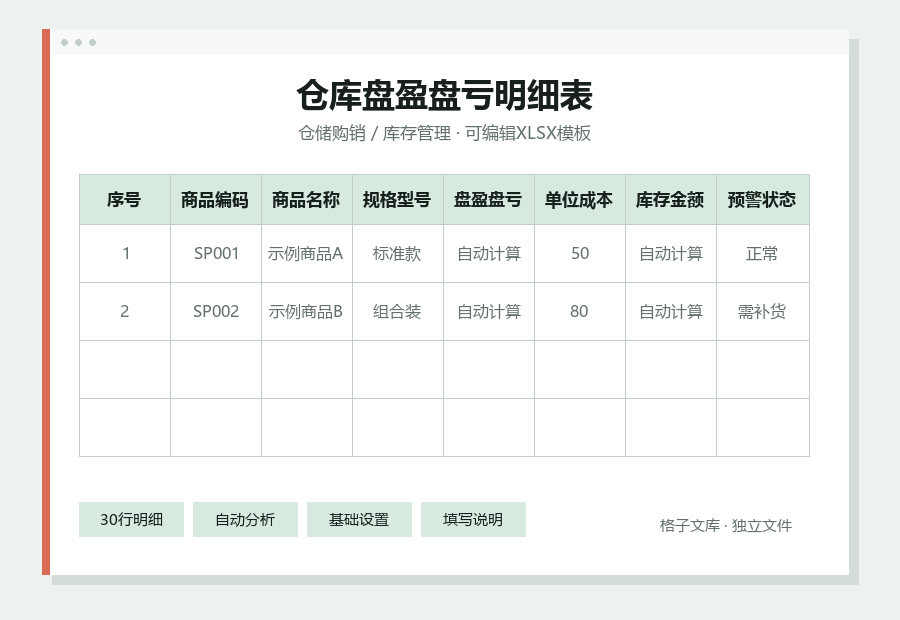 仓库盘盈盘亏明细表Excel表格内容缩略图