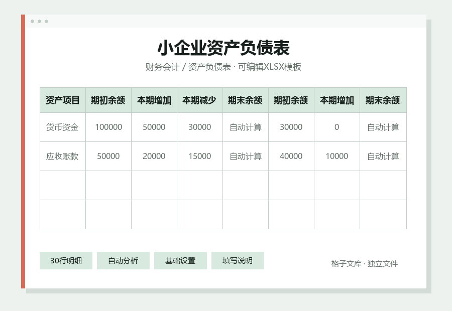 小企业资产负债表Excel表格内容缩略图