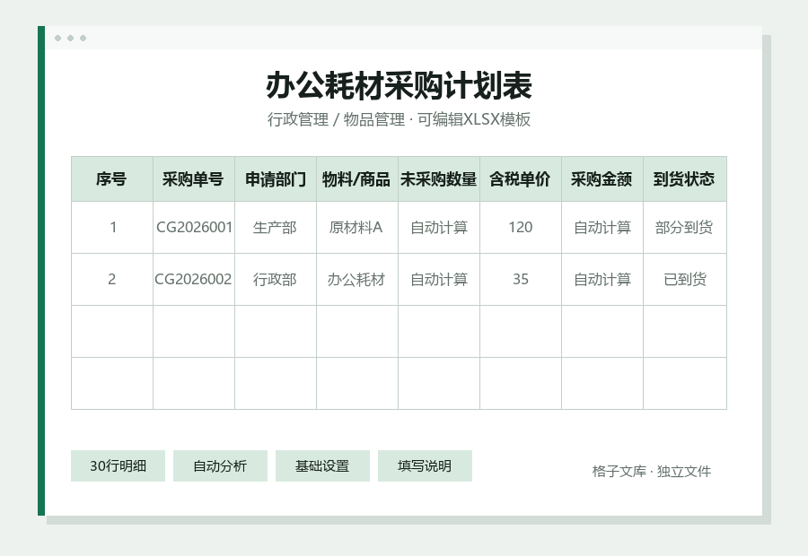 办公耗材采购计划表Excel表格内容缩略图