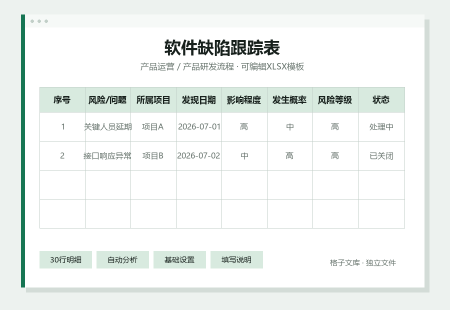 软件缺陷跟踪表Excel表格内容预览