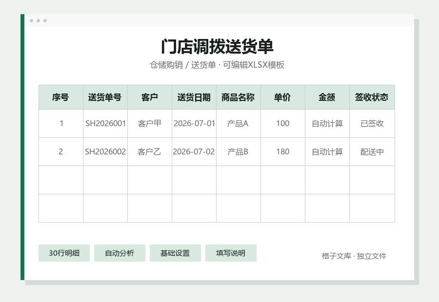 门店调拨送货单Excel表格内容缩略图