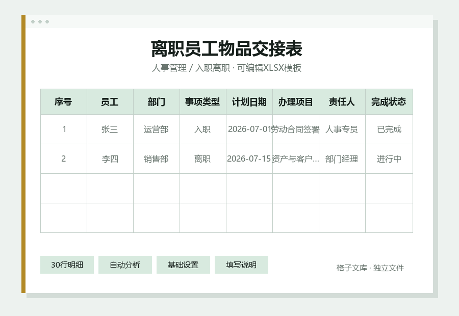 离职员工物品交接表Excel表格内容预览