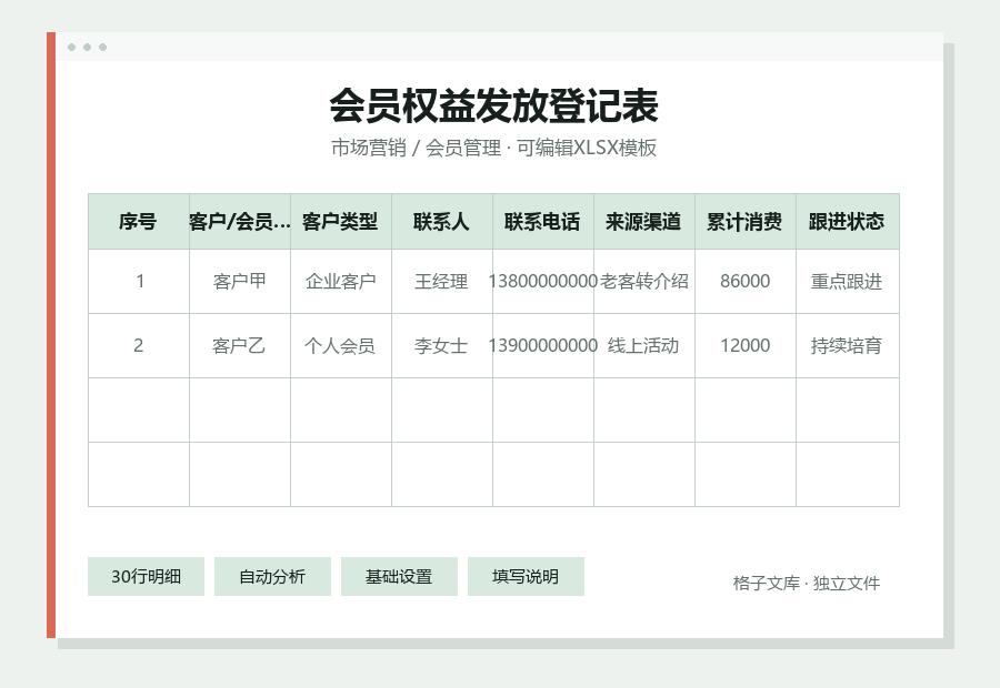 会员权益发放登记表Excel表格内容缩略图