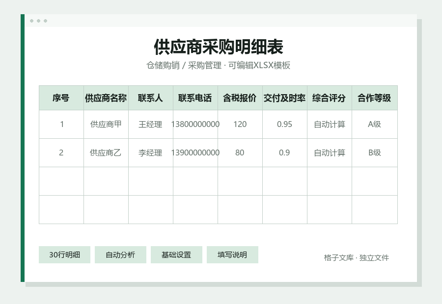 供应商采购明细表Excel表格内容缩略图