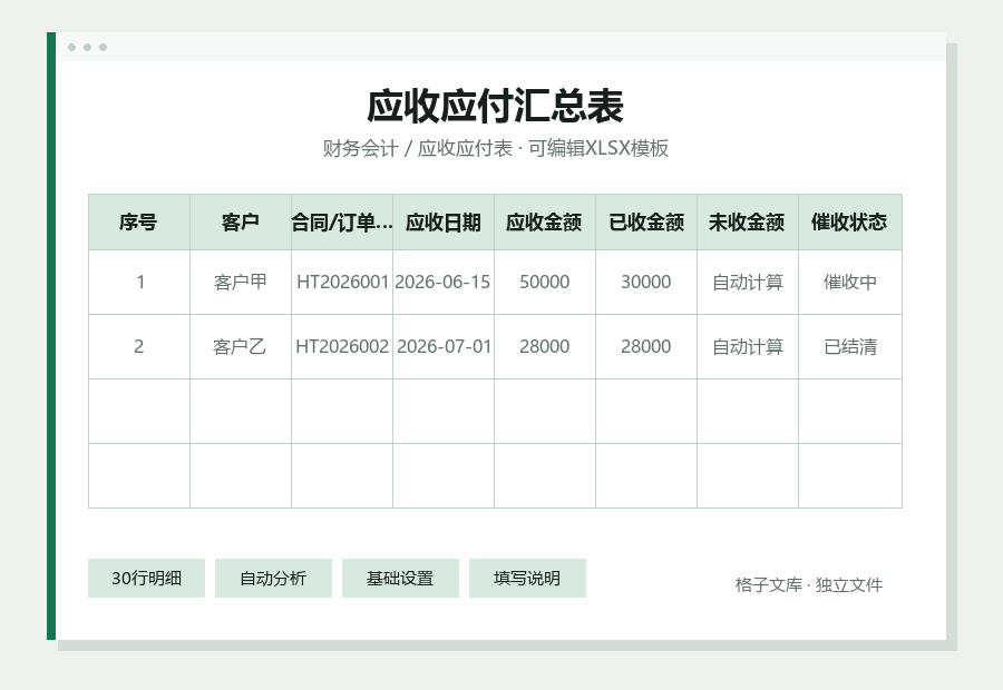 应收应付汇总表Excel表格内容缩略图