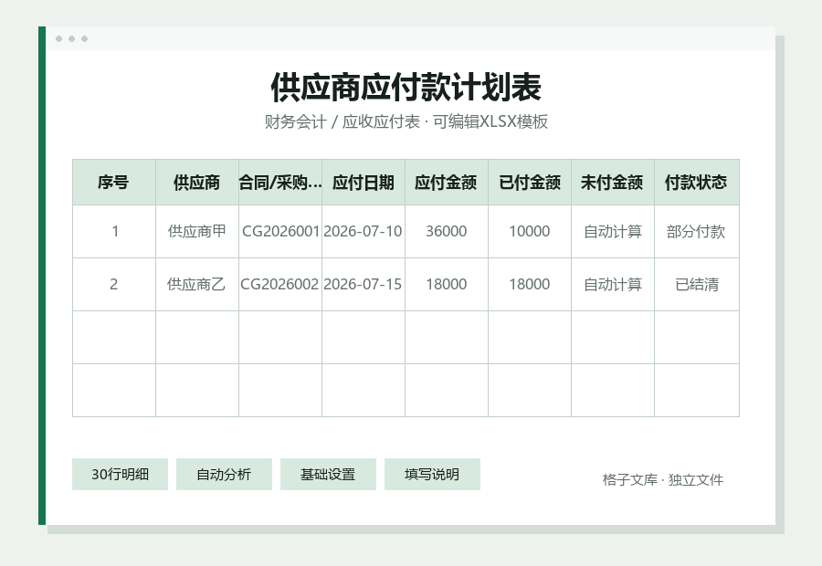 供应商应付款计划表Excel表格内容缩略图