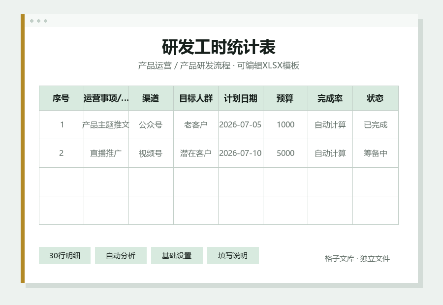 研发工时统计表Excel表格内容缩略图