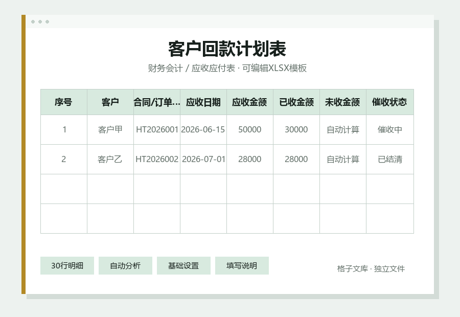 客户回款计划表Excel表格内容预览