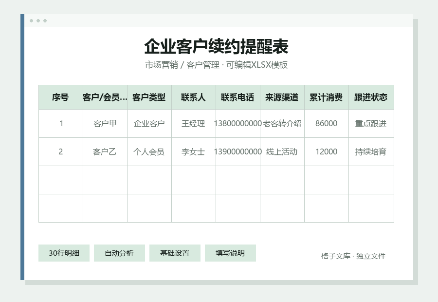 企业客户续约提醒表Excel表格内容预览