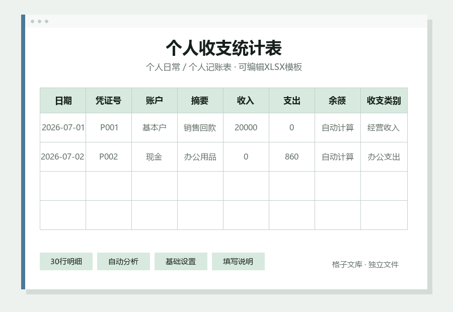 个人收支统计表Excel表格内容缩略图