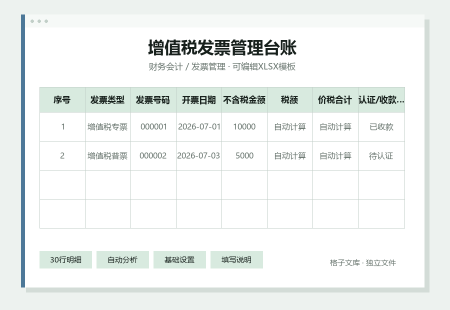 增值税发票管理台账Excel表格内容预览